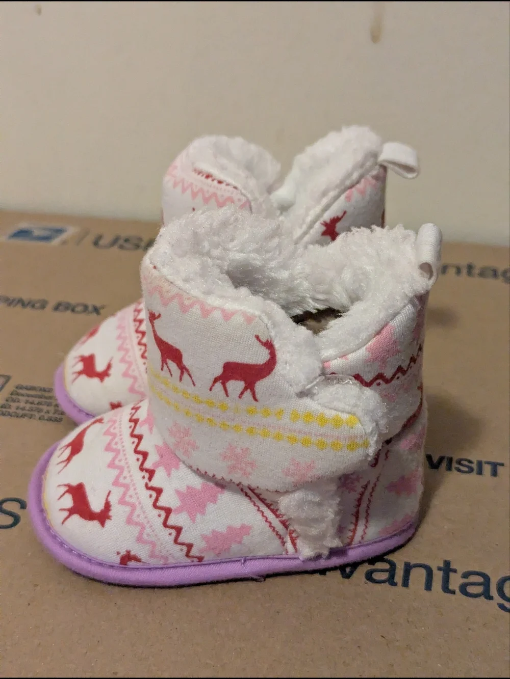 Baby Pink Reindeer Winter Fleece Booties Soft Sole Slippers Estimated Size 0-6M